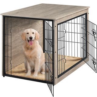 Cage Pour Chien En Bois Avec 2 Portes Grillagées à Double Serrure Et Tapis Pelucheux, Gris