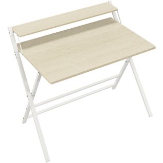 Bureau Informatique Pliable Avec Petit Étagère Surélevée Et Pieds En Forme X, Bois Clair