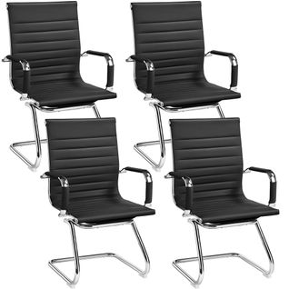 Lot De 4 Chaises Visiteur En Similicuir Avec Accoudoir Recouverts Base En Métal, Noir