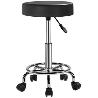 Tabouret Rond à Roulettes Hauteur Réglable Avec Assise Rembourrée En Similicuir, Noir