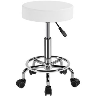 Tabouret Rond à Roulettes Avec Assise Rembourrée Et Revêtement En Similicuir Blanc