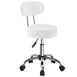 Tabouret Rond à Roulettes Hauteur Réglable 75-84 Cm Avec Assise Rembourrée, Blanc