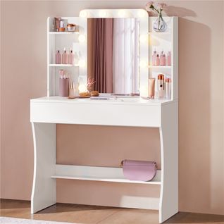 Coiffeuse Avec Miroir 10 LED 3 Couleurs, Deux Tiroirs Et Six Étagères De Rangement Blanc