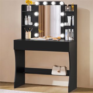 Coiffeuse Avec Miroir 10 LED 3 Couleurs, Deux Tiroirs Et Six Étagères De Rangement Noir