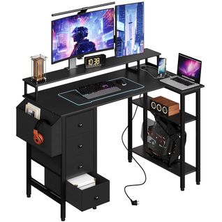 Bureau Gaming Angle Table En L Réversible Avec Support D'écran 4 Tiroirs 2 Étagère  120*68 Cm, Noir