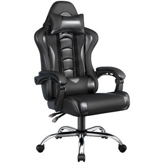 Fauteuil Gaming En Simili Avec Coussin Lombaire Massant Appui-tête Amovible Noir