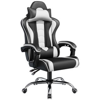 Fauteuil Gaming En Simili Avec Coussin Lombaire Massant Appui-tête Amovible Noir/blanc