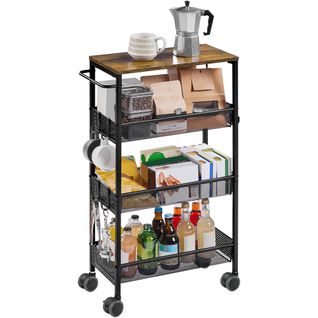 Chariot De Cuisine 4 Niveaux Sur Roues Avec 6 Crochets Brun Rustique