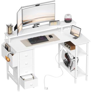 Bureau Informatique Angle Table En L Avec Support D'écran 4 Tiroirs 2 Étagère, 140*68 Cm L Blanc