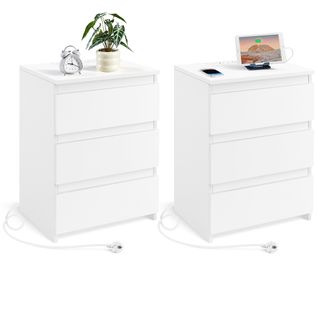 Lot De 2 Table De Chevet Vertical à 3 Tiroirs Avec Station De Charge Blanc
