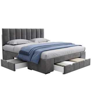 Lit Double Capitonné 160x200 Cm, Lit Adulte Avec 4 Tiroirs à Roulettes, Velours, Gris
