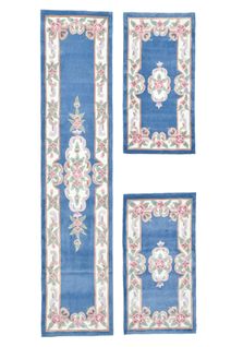 Tapis Tufté Main Avec Bordure En Design Aubusson - Ming 70x600 Cm - Bleu