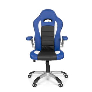 Fauteuil Gamer Game Sport Simili Noir/blanc/bleu Accoudoirs Fournis, Surface Toucher Doux