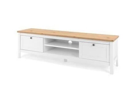 Meuble TV 2 Tiroirs - Décor Chene Artisan Et Blanc - L 160 X P 45 X H 40 Cm - Bergen