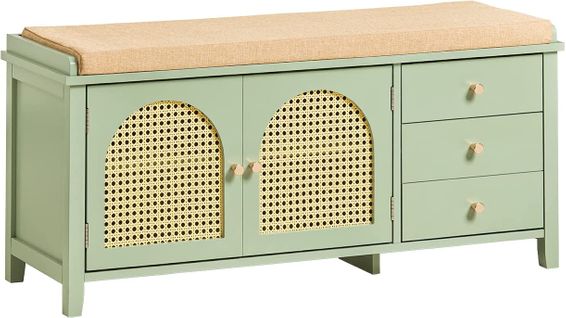 Banc De Rangement Meuble Banc à Chaussures Avec 3 Tiroirs 1 Coussin Rembourré Et 2 Portes, Fsr129-gr