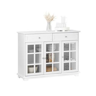 Buffet Bas, Commode Armoire De Rangement, Placard De Cuisine Avec 3 Portes Vitrées, Blanc, Fsb77-w
