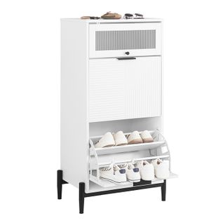 Meuble à Chaussures, Meuble D'entrée Avec 2 Abattants Et 1 Porte En Verre, Blanc, 59x40x115 Cm