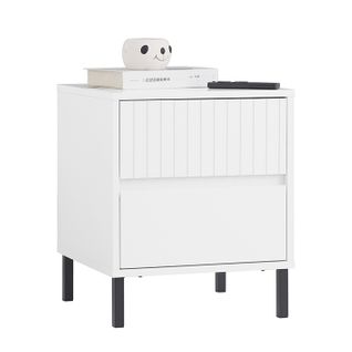 Bout De Canapé 2 Tiroirs, Pieds Métal, Blanc, 40 X 40 X 48 Cm, Pour Salon, Chambre Ou Bureau