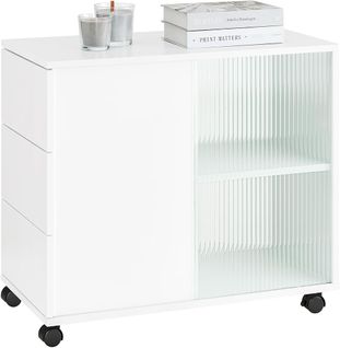 Bout De Canapé, Table D'appoint Roulante, Table Basse, Table à Café Avec 3 Tiroir, Blanc, Fbt141-w