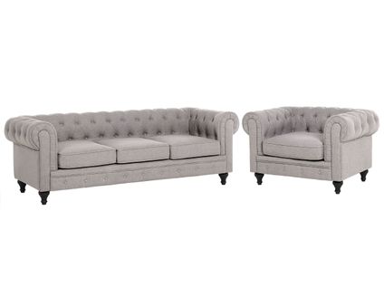 Ensemble Canapé Et Fauteuil En Tissu Gris Clair 4 Places Chesterfield