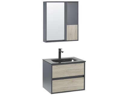 Meuble Vasque Avec Miroir Et Cabinet 60 Cm Bois Clair Et Gris Teruel