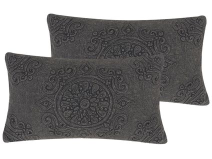 Lot De 2 Coussins Décoratifs Veloor Coton 30 X 50 Cm Gris Foncé Motif Oriental
