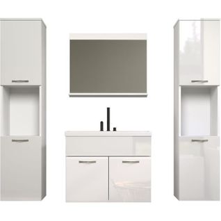 Salle De Bain Complète - Blanc Brillant - 2 Colonnes à Suspendre + Meuble Vasque + Miroir - Haven
