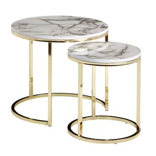 Table D'appoint Lot De 2 Effet Marbré Table Basse De Salon Ronde Moderne Blanc