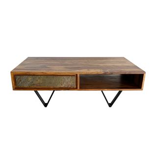Table Basse Bois Sheesham 115 Cm Tiroirs Métal Style Industriel