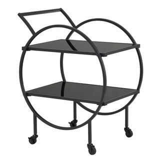 Desserte Chariot De Bar En Métal Noir, Étagères En Verre, 2 Niveaux, Roulettes