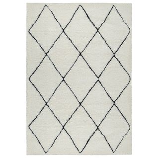 Tapis Bahar Shaggy Moderne Losange, Blanc Noir, 140x200 Cm