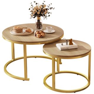 Table Basse, Lot De 2 Tables Basses Rondes Gigognes, 3 Modes De Disposition, Pieds En Métal, Bois