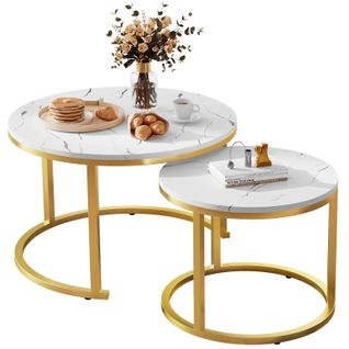 Table Basse, Lot De 2 Tables Basses Rondes Gigognes, 3 Modes De Disposition, Pieds En Métal, Blanc