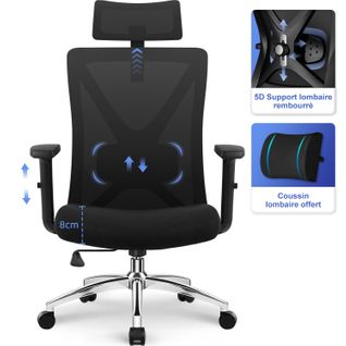 Fauteuil De Bureau Ergonomique, Chaise De Bureau Avec Support Lombaire 5d
