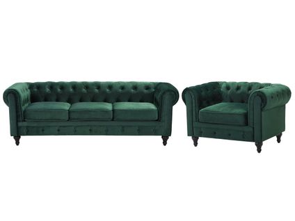 Ensemble De Salon 4 Places Chesterfield Velours Vert Émeraude