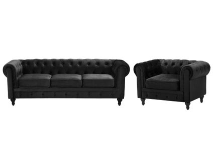 Ensemble Canapé Et Fauteuil En Velours Noir 4 Places Chesterfield