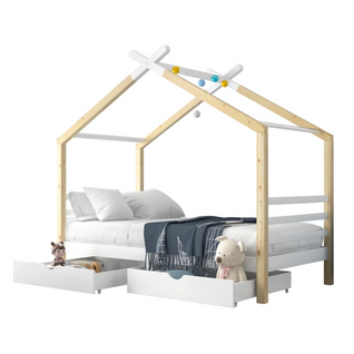 Lit Cabane 90 X 200 Cm 2 Tiroirs Blanc + Bois