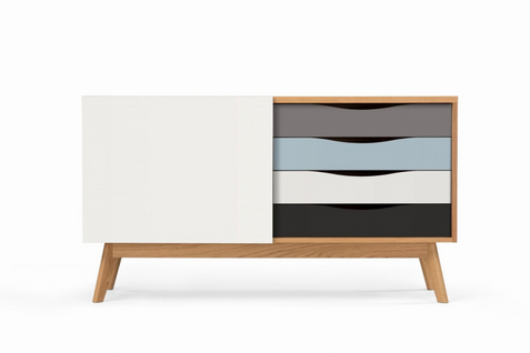 Buffet Bas Scandinave En Bois 4 Tiroirs Colorées 1 Porte Coulissante - Avalon