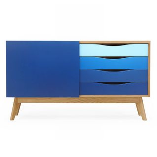 Buffet 4 Tiroirs et 1 Porte "avon" 128cm Chêne et Bleu Foncé