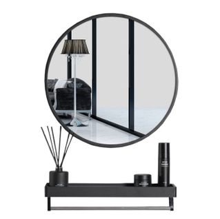 Miroir Avec Étagère 60 Cm, Rond, Noir, Style Loft
