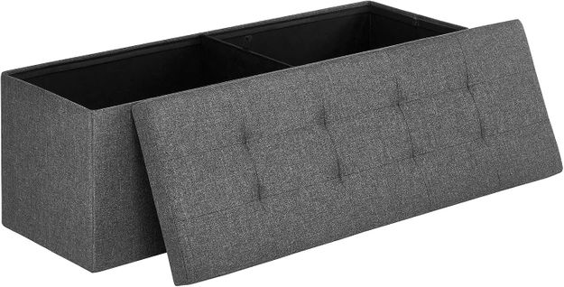Pouf De Rangement Pufa, Revêtement En Mdf Gris Foncé Et Tissu Aspect Lin