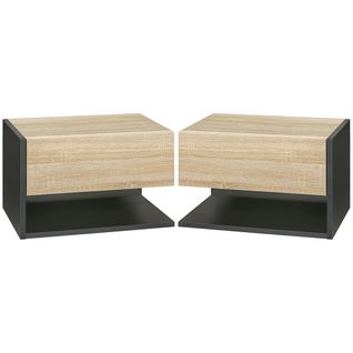 Ensemble De 2 Tables De Chevet Murales Avec Tiroirs Et Étagères, Finition Chêne Noir Bicolore