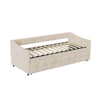 Lit Gigogne 90/180x200 Cm, Sommier à Lattes, Velours, Beige