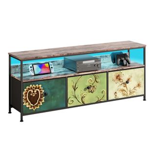 Meuble TV 137 Cm Avec Éclairage LED Et 3 Tiroirs, Structure En Métal Avec Compartiments Ouverts