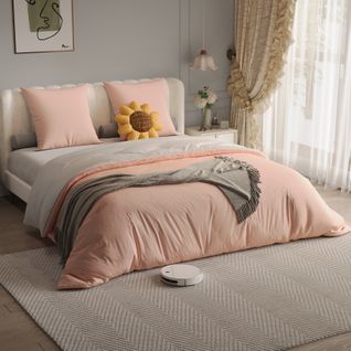 Parure De Lit 4 Pièces 140x200 Cm-housse De Couette,drap Housse,2 Taies D'oreiller-rose+gris Clair