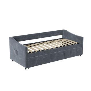 Lit Gigogne 90/180x200 Cm, Sommier à Lattes, Velours, Gris