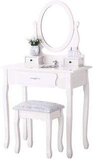 Coiffeuse Blanche Moderne Avec 3 Tiroirs Et Miroir Ovale 360° Avec Pouf Pour Chambre
