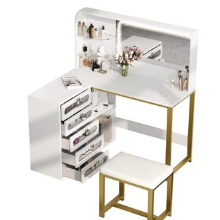 Coiffeuse Avec Miroir LED, Chaise Rembourrée, 5 Tiroirs, 2 Compartiments Ouverts Réglables, 120 Cm