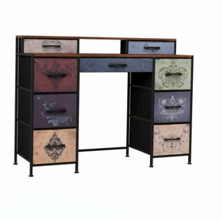 Coiffeuse Florale Vintage 121 Cm - 9 Tiroirs Et 2 Étagères Ouvertes, Noir