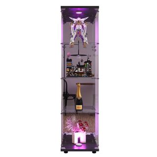 Vitrine En Verre Avec LED Et Miroir, Avec 1 Porte Et 4 Étagères, Pour Salon, Noir